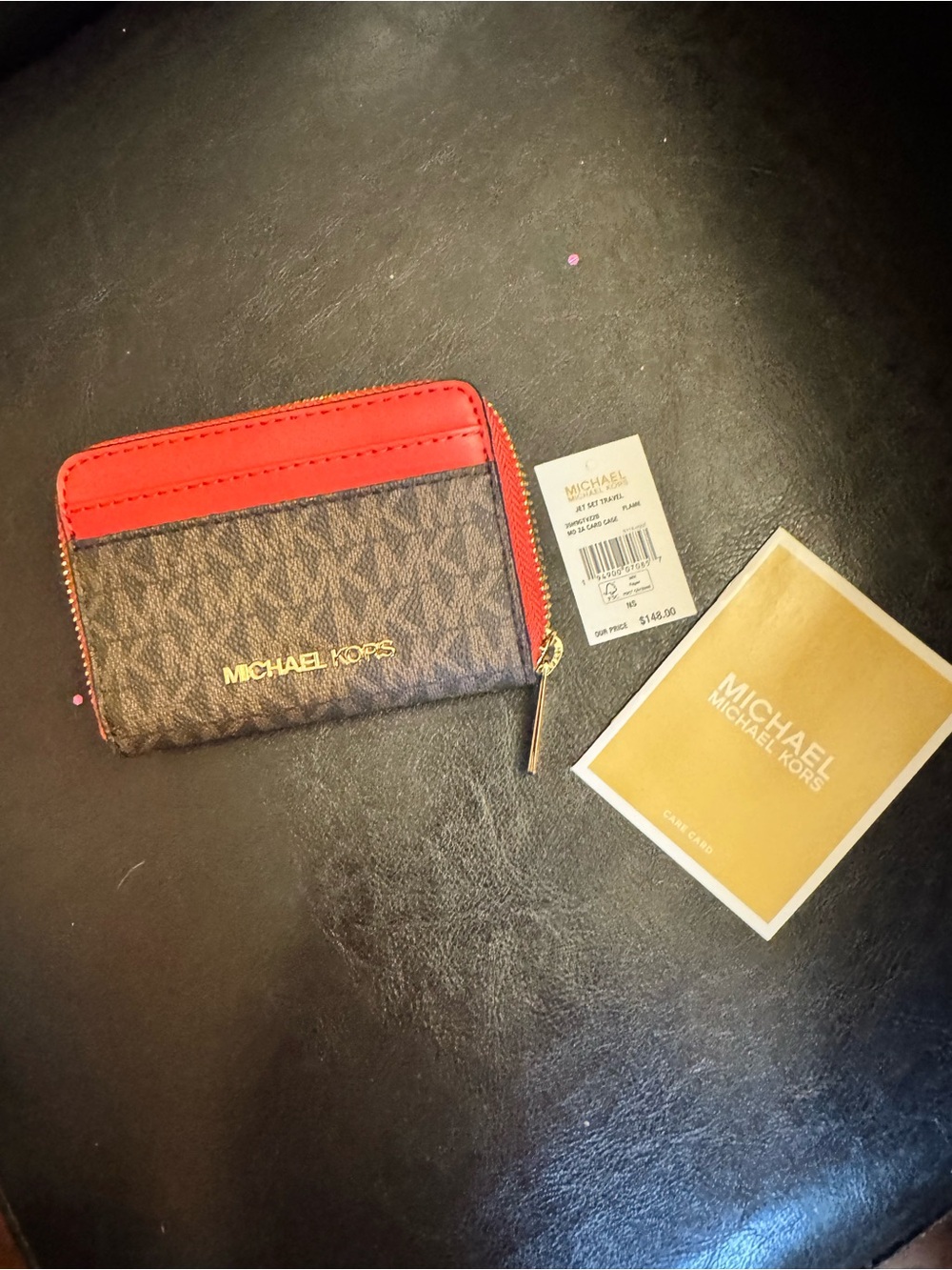 Michael Kors Brown Monogram Card Case with Red Trim